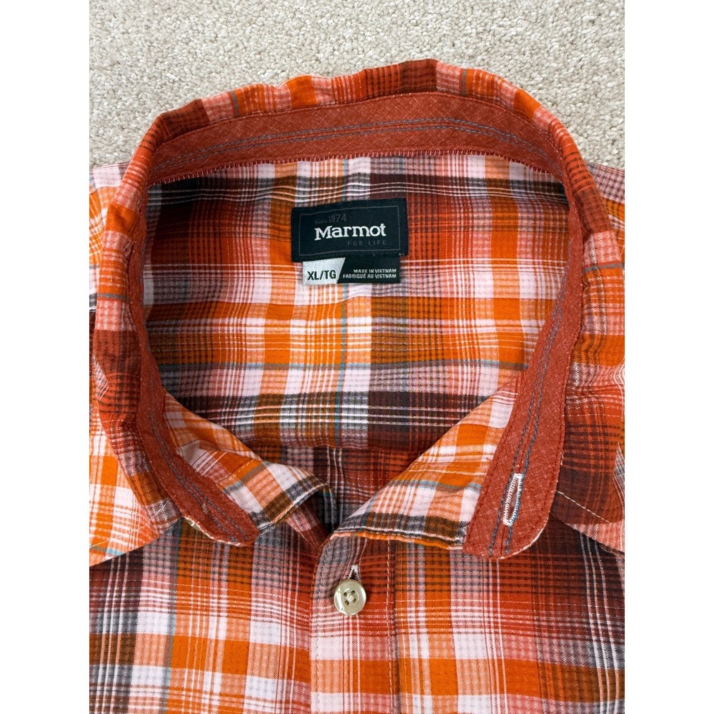 Marmot Button Down Shirt Mens XL Orange Plaid Short Sleeve Hiking Outdoor Casual - Picture 3 of 10